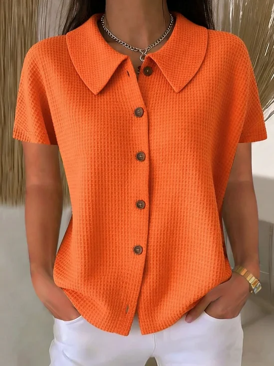 Waffle Casual Shawl Collar Short Sleeve Casual Shirt