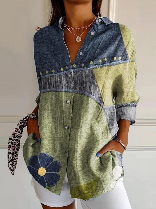 Women's Long Sleeve Shirt Spring/Fall As Picture Abstract Buckle Shirt Collar Regular Sleeve Daily Going Out Casual Top