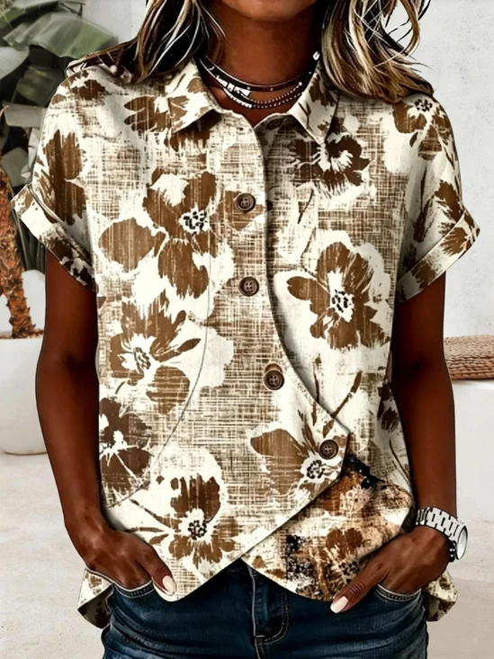 Vintage Floral Shawl Collar Short Sleeve Asymmetry Placket Design Button Summer Going Out Casual Shirt