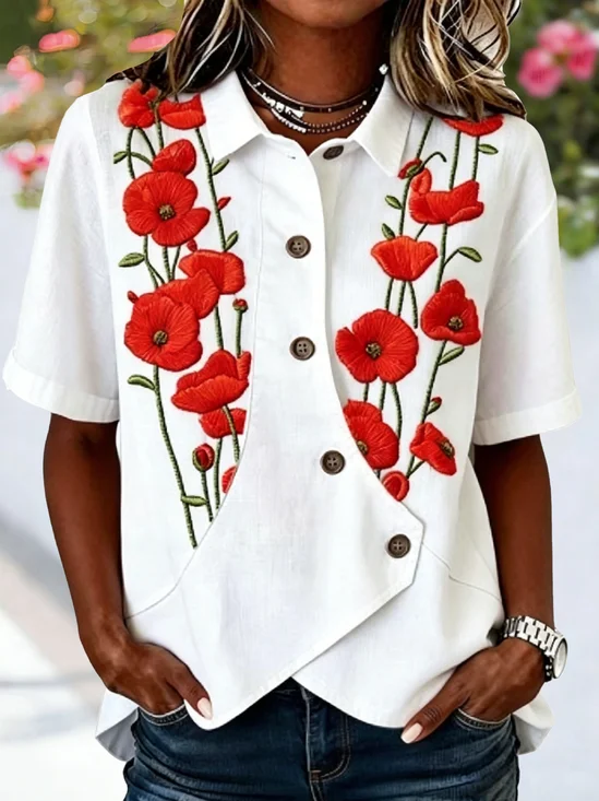 3D Printing Shawl Collar Short Sleeve Asymmetry Placket Design Button Summer Going Out Casual Shirt