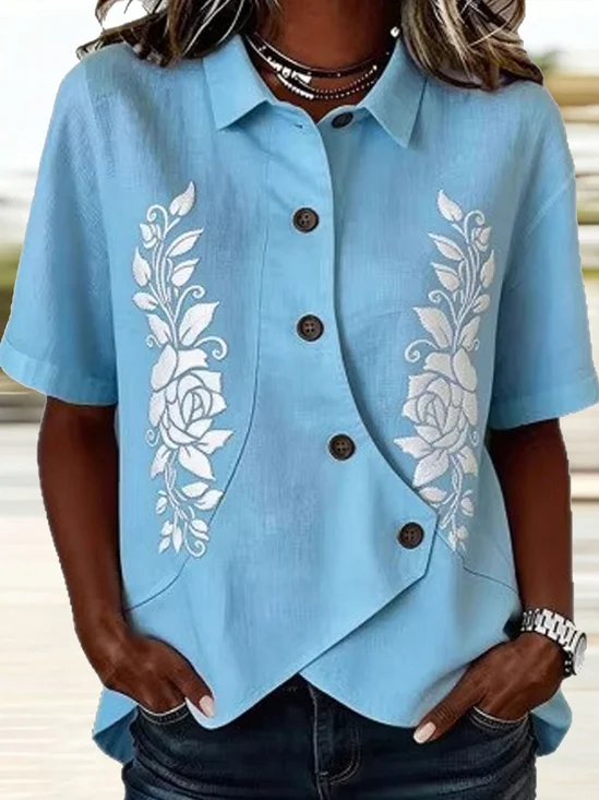 3D Printing Shawl Collar Short Sleeve Asymmetry Placket Design Button Summer Going Out Casual Shirt