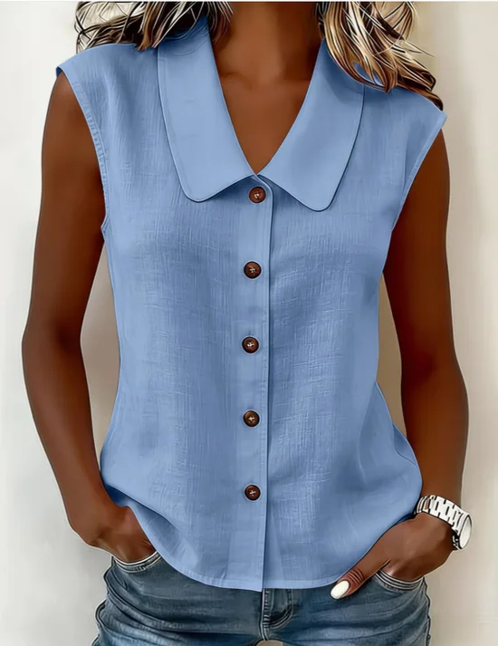 Cotton And Linen Plain Shawl Collar Sleeveless Button Summer Daily Going Out Casual Shirt