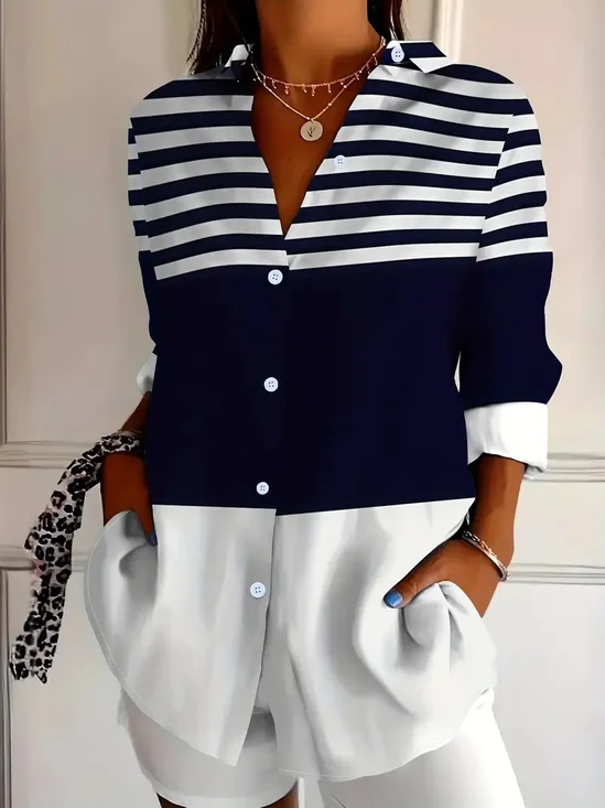 Loose Shirt Collar Casual Striped Shirt