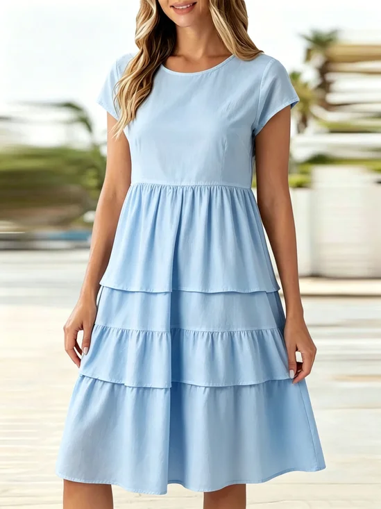 Regular Fit Cotton-Like Crease Casual Crew Neck Cap Sleeve Plain Ruffle Hem Dress With No