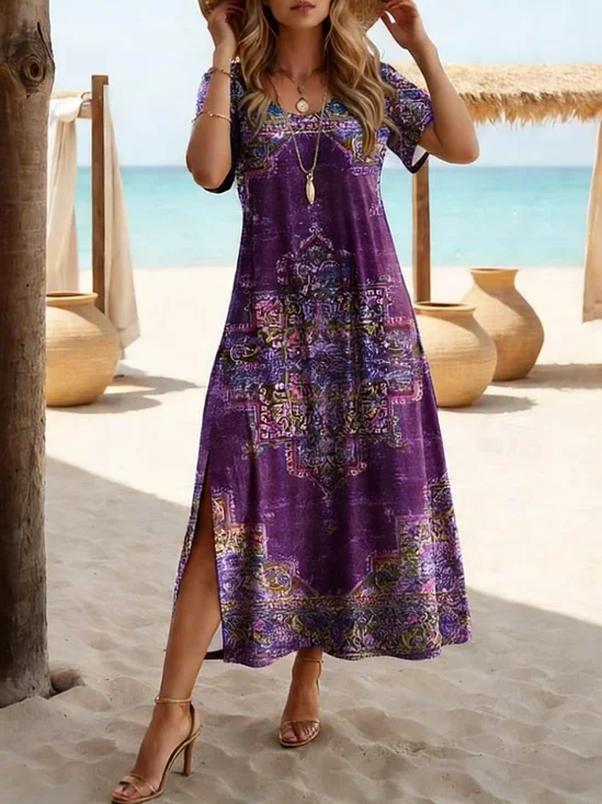 Women's Short Sleeve Summer Purple Abstract Printing Crew Neck Daily Going Out Casual Maxi H-Line T-Shirt Dress Dress