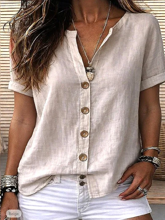 Polyester Cotton V Neck Buton Spring Summer Daily Casual Shirt