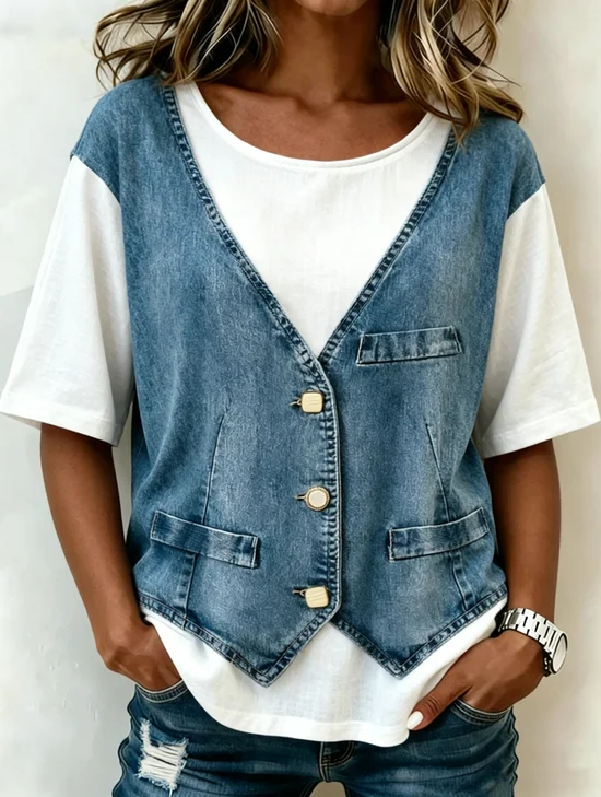 Loose Vintage Faux Denim Print Graphic Cotton-Blend T-Shirt