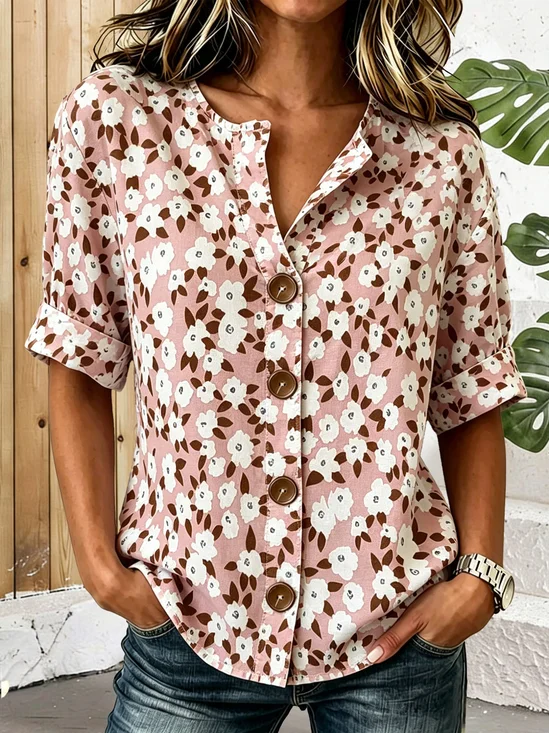 Vintage Pink Floral Stand Collar Botton Spring Summer Linen Blend Casual Shirt