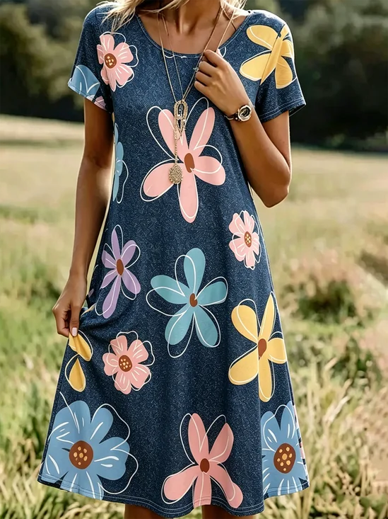 Vintage Faux Denim Print Graphic Dress With No