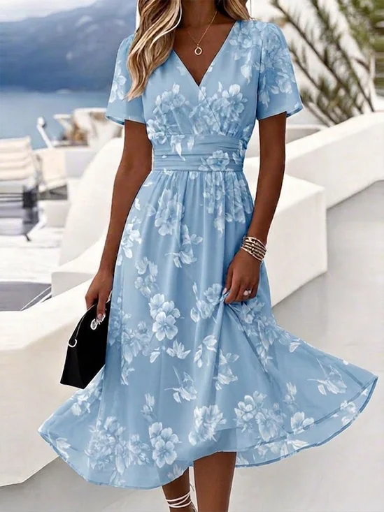 Women’s Light Blue Floral Print Wrap V Neck Midi Dress Boho Summer Dress
