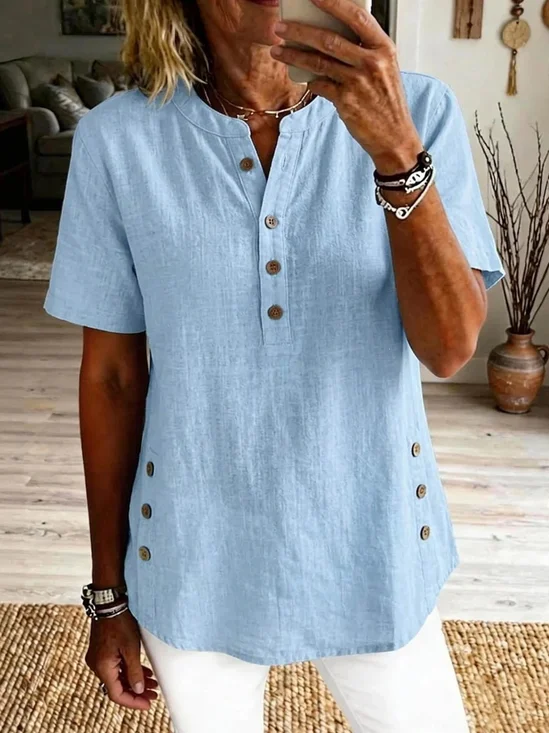 Cotton And Linen Stand Collar Short Sleeve Button Summer Daily Going Out Casual Shirt