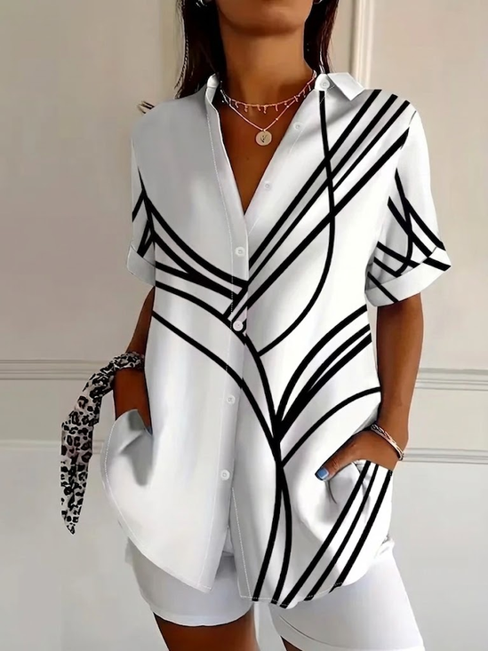 Women's Short Sleeve Shirt Summer White Abstract Printing Shirt Collar Daily Going Out Casual Top