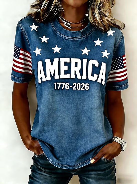 Women's Short Sleeve T-shirt Summer Blue Independence Day (Flag) Printing Jersey Crew Neck Daily Going Out Casual Top