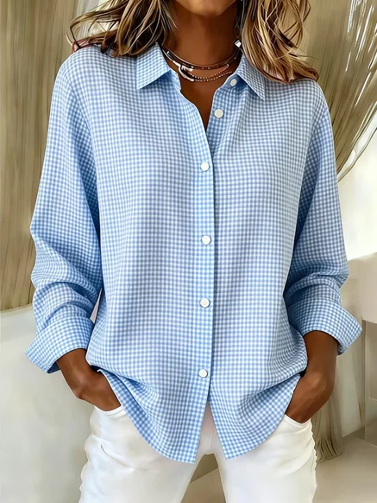 Women's Long Sleeve Shirt Spring/Fall Blue Plaid Buckle Shirt Collar Regular Sleeve Daily Going Out Casual Top
