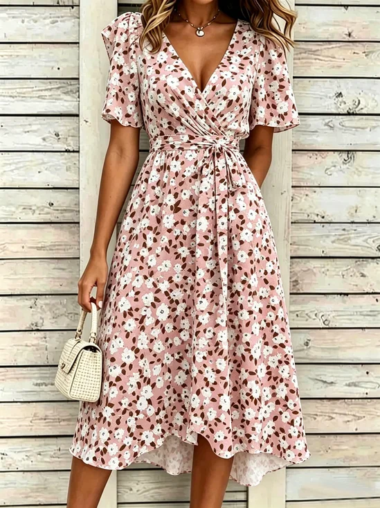 V Neck Puff Short Sleeve Belt Pink Floral  Elegant Maxi Dress