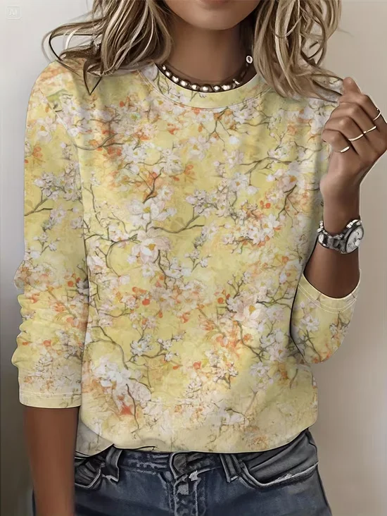 Women's Long Sleeve T-shirt Spring/Fall Yellow Floral Printing Jersey Crew Neck Daily Going Out Casual Top