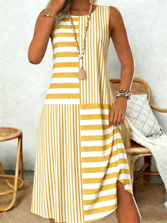 Women's Crew Neck Striped Sleeveless Midi Dress Casual Loose Cotton Tank Dress