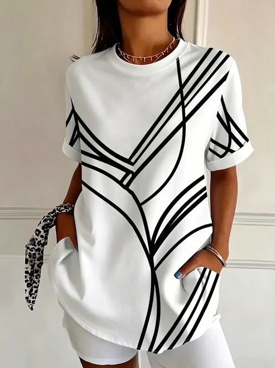 Women's Short Sleeve T-shirt Summer White Abstract Printing Jersey Crew Neck Daily Going Out Casual Top