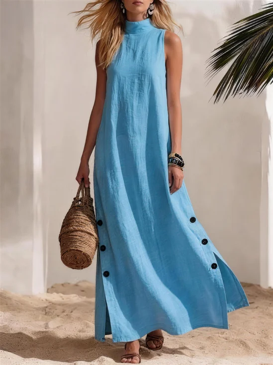 Casual Color Block Buttoned Mock Neck Maxi Dress