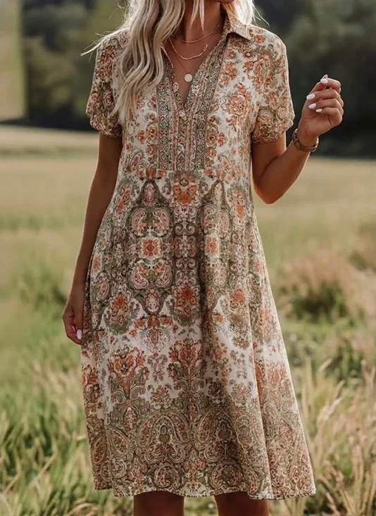 Boho Paisley V-Neck Vacation Midi Dress