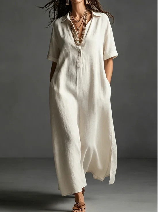 Casual Plain Shirt Collar Midi Dress