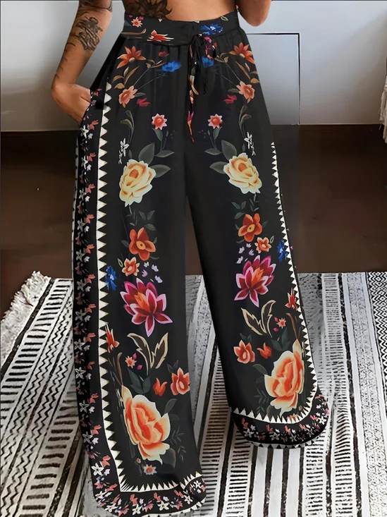 Women's  Elastic Waist H-Line Wide Leg Pants Daily Going Out Pants Black Casual Split Joint Nationality/ethnic Spring/Fall Pants
