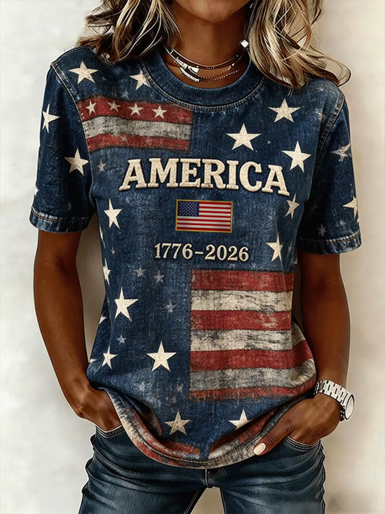 Women's Short Sleeve T-shirt Summer Navyblue Independence Day (Flag) Printing Jersey Crew Neck Daily Going Out Casual Top