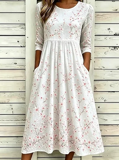 Women's White Floral Print Maxi Dress Short Sleeve Casual A-Line with Pockets