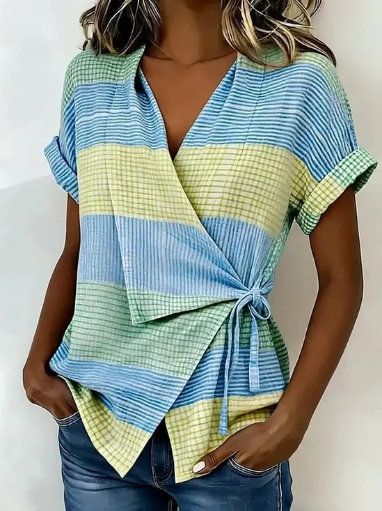 Cotton And Linen Colorful Geometric Printed Wrap Detail  V Neck Short Sleeve Irregularly Shaped Hem Casual Blouse