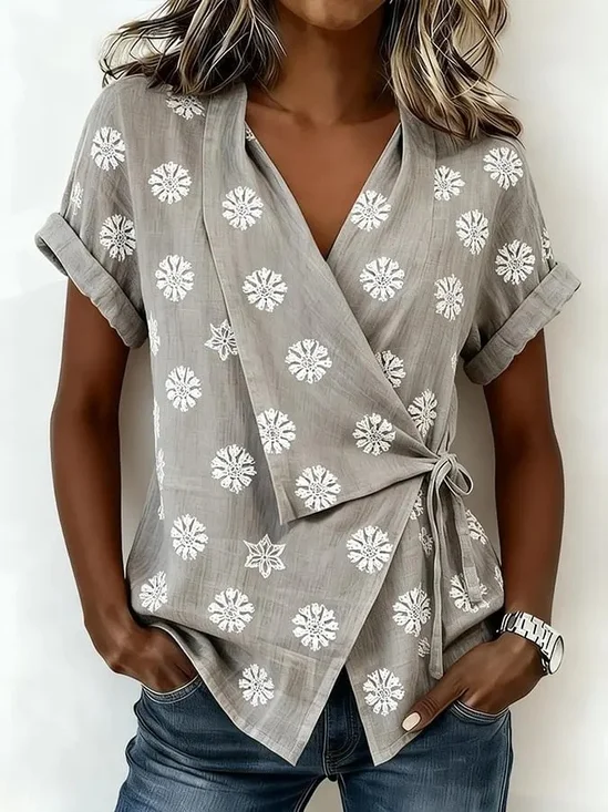 Cotton And Linen Botancial Floral Printed Wrap Detail  V Neck Short Sleeve Irregularly Shaped Hem Vintage Casual Blouse