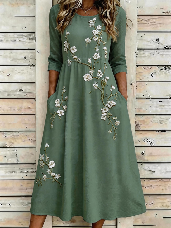 Green Floral Boho A-Line Maxi Dress with Flattering Short Sleeves
