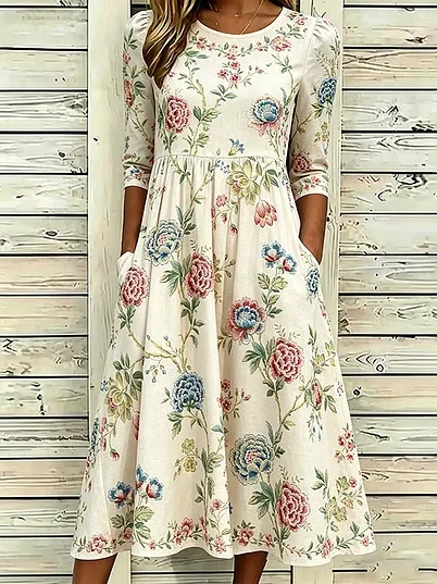 Elegant Loose Crew Neck Cotton-Blend Dress With No