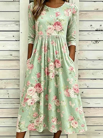 Cotton-Blend Loose Floral Elegant Dress With No