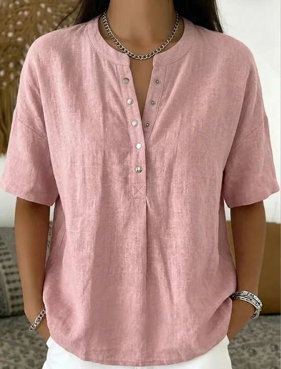 Cotton And Linen Round Neck Short Sleeve Button H-Line Daily Going Out Casual Loose Blouse