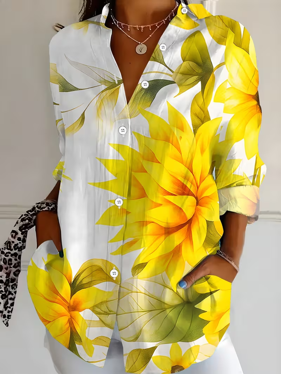Women's Long Sleeve Shirt Spring/Fall Yellow Floral Buckle Shirt Collar Regular Sleeve Daily Going Out Casual Top