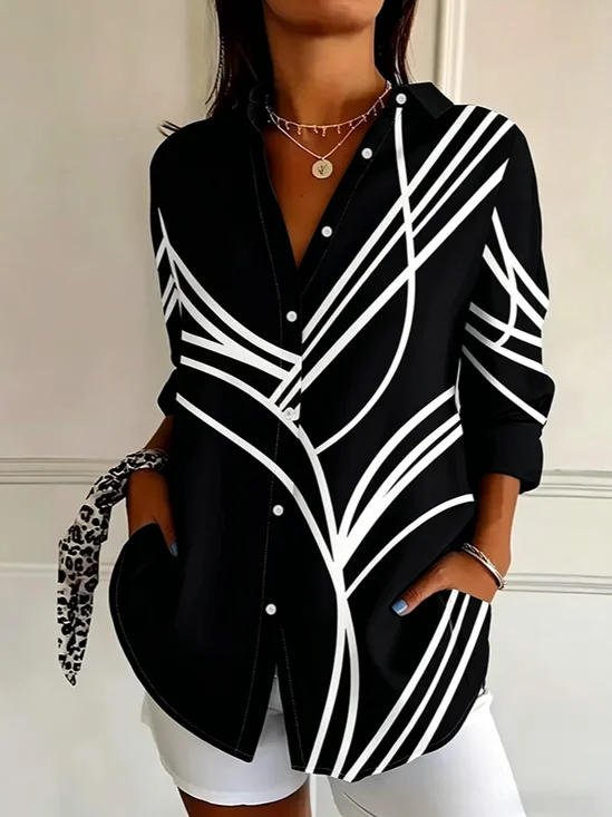 Women's Long Sleeve Shirt Spring/Fall Black Abstract Buckle Shirt Collar Regular Sleeve Daily Going Out Casual Top