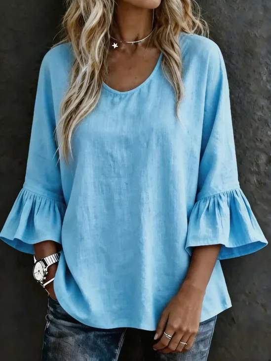 Casual Cotton Blend V Neck The Quarter Sleeve Ruffle Cuff Daily Going Out Casual Top