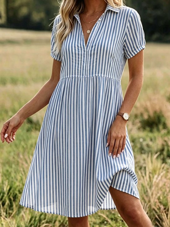 Blue Striped Print V-Neck Short Sleeve Daily Going Out Casual Midi Dress