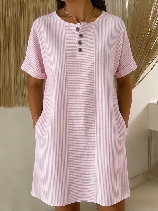 Casual Striped Henley Dress with Pockets