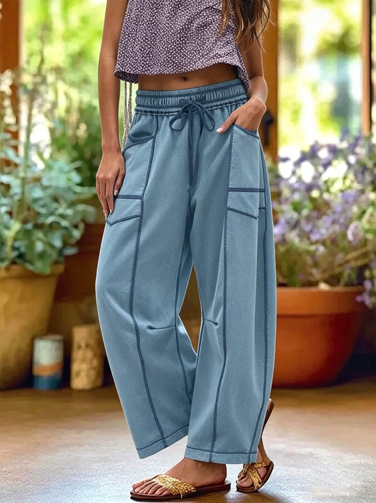 Loose Cotton-Blend Multicolor Block Vintage Pants