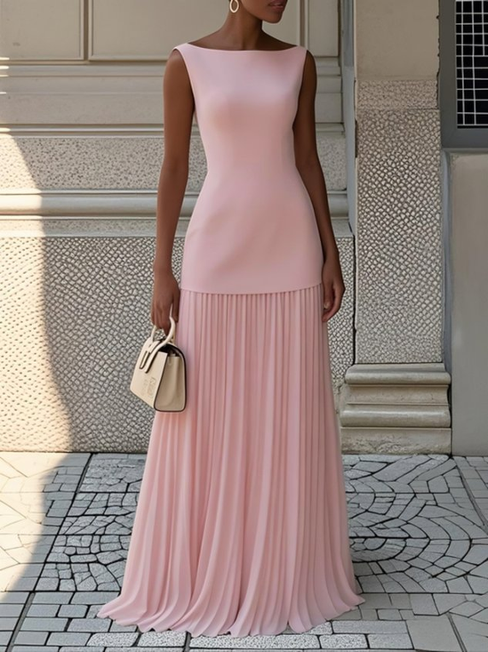 Urban Off The Shoulder Sleeveless Top With Pleated Maxi Skirt  Plain Elegant Going Out Two-Piece Set