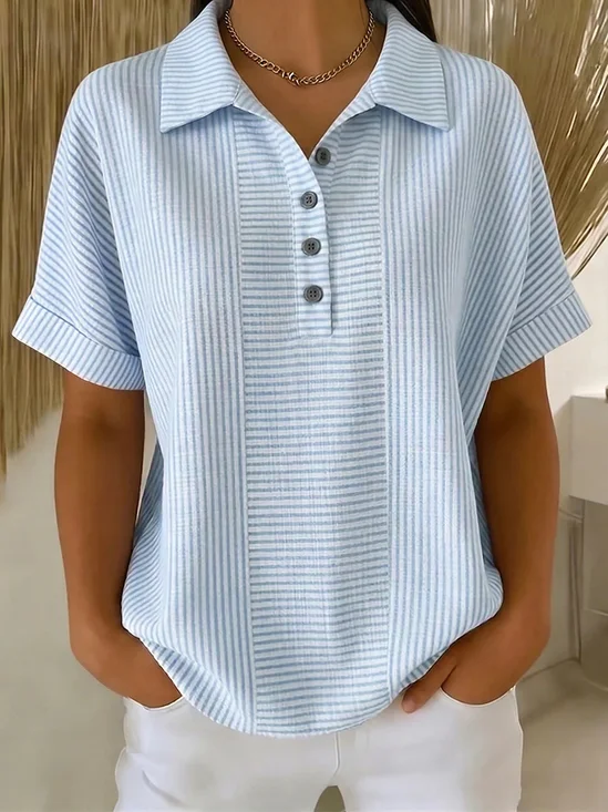 Stripe Print Polo Collar Button Down Short Sleeve T-Shirt