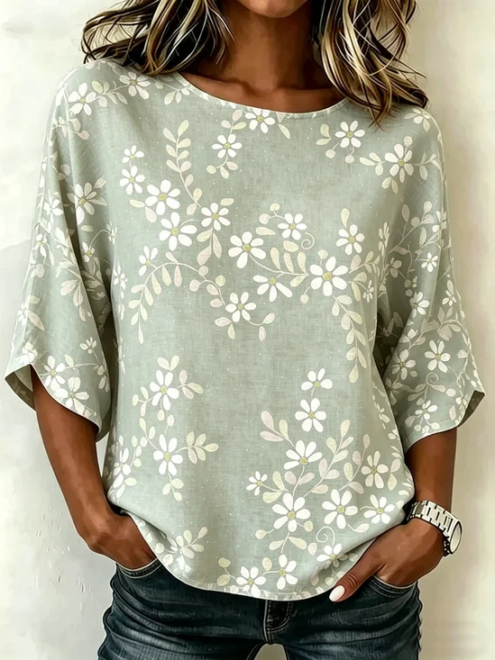 Cotton And Linen Floral Printed Vintage Loose Casual Top