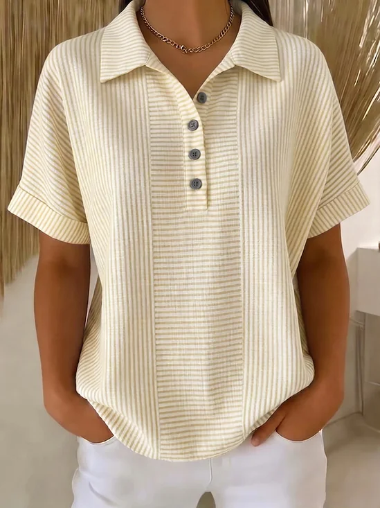 Stripe Print Polo Collar Button Down Short Sleeve T-Shirt
