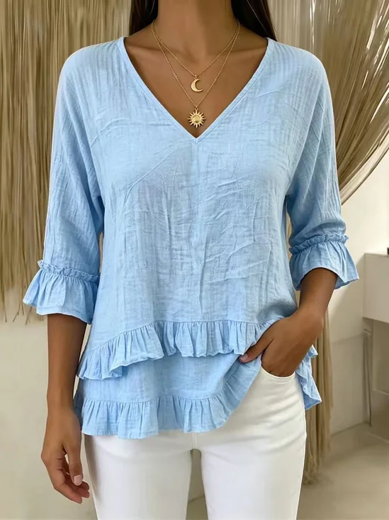 Casual Cotton And Linen V Neck The Quarter Sleeve Ruffle Hem Daily Going Out Casual Top