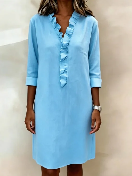 Casual Plain Cotton Blend Half Sleeve Ruffle Detail V Neck Going Out Elegant Shirt Dress