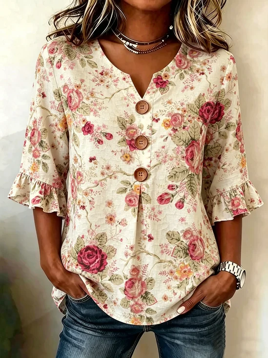 Women's Retro Floral Print  Half  Sleeve Ruffle Cuff Blouse Summer V Neck Button Daily Going Out Vintage Top
