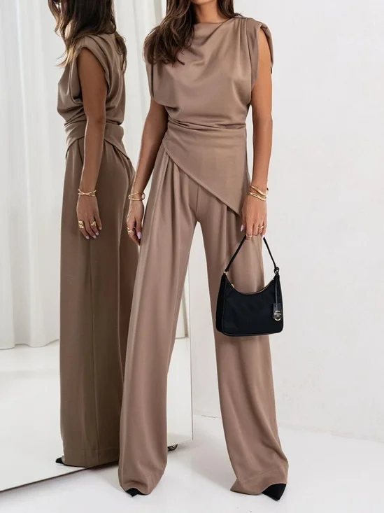 Women's Irregular Craftsmanship Plain Daily Going Out Two-Piece Set Khaki Casual Summer Top With Pants Matching Set