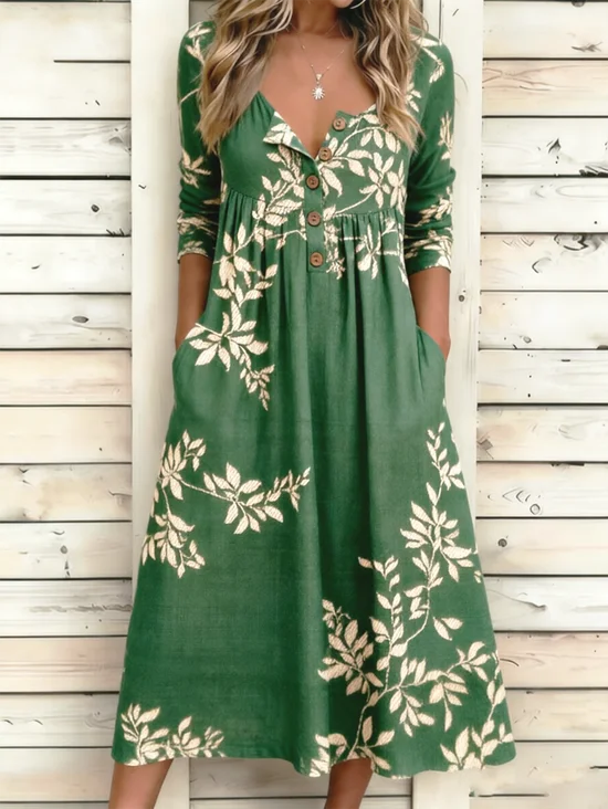 Green Leaf Print Button Down V-Neck 3/4 Sleeve Maxi Dress
