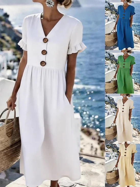 Casual Cotton And Linen  V Neck Button Short Sleeve Ruffle Cuff Summer Going Out Casual Vacation Elegant Maxi Dress